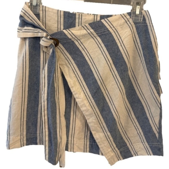 Free People Tuscan Sunrise blue tan stripe Linen cotton side tie mini skirt sz 4